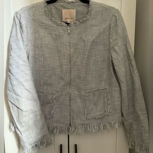 REBECCA TAYLOR fringe tweed jacket gray lined zipper front pockets fitted Sz 12